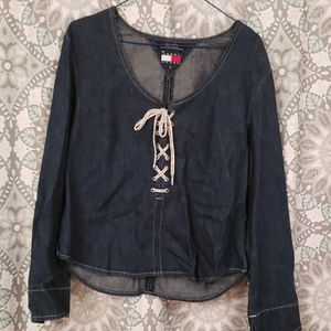 Womens blue jean lace up top